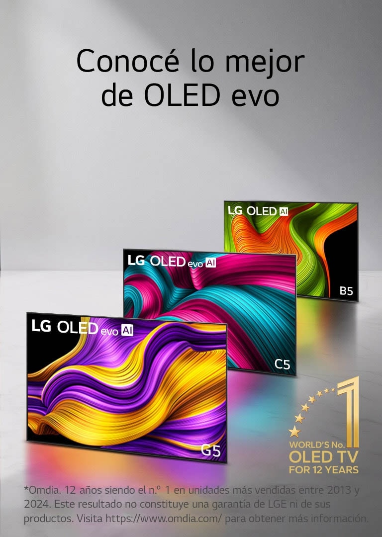 "Los televisores LG OLED evo colocados uno junto a otro en línea sobre un fondo negro con espirales de colores. El emblema del mejor OLED TV por 11 años aparece en la imagen.  Un aviso legal que dice lo siguiente: “Fuente: Omdia. Unidades enviadas entre 2013 y 2023. Los resultados no tienen la aprobación de LG Electronics. Confíe en estos resultados bajo su propia cuenta y riesgo. Visite&nbsp;https://www.omdia.com/&nbsp;para obtener más información”."