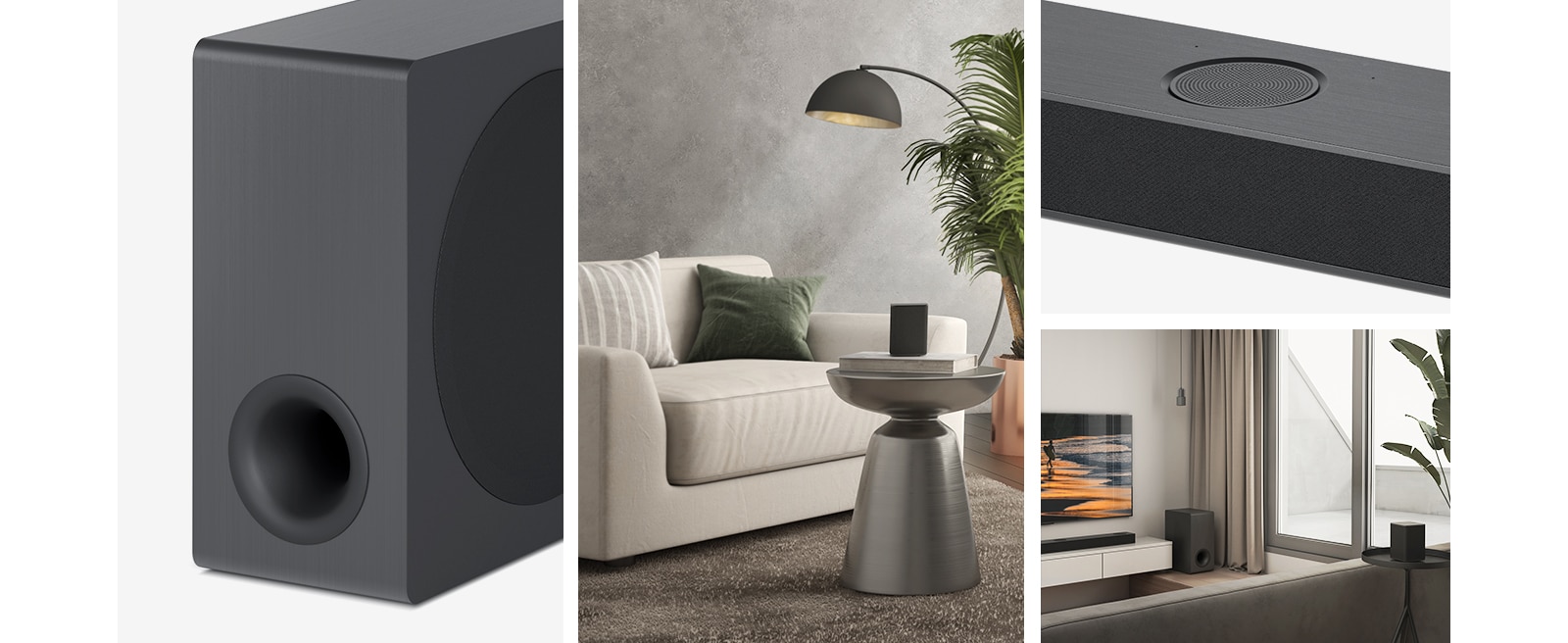 Collage. Desde la izquierda, una imagen de un subwoofer, el altavoz trasero está colocado en la mesa de café de la sala de estar. A la derecha, de arriba a abajo: primer plano del canal central de disparo hacia arriba. El kit de barra de sonido LG y el televisor LG se colocan en la sala de estar. El TV Screem muestra la puesta de sol en la playa.