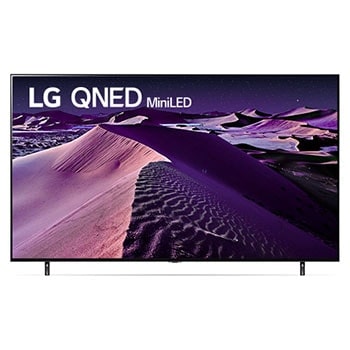 Una vista frontal del televisor LG QNED con una imagen de relleno y el logotipo del producto en1