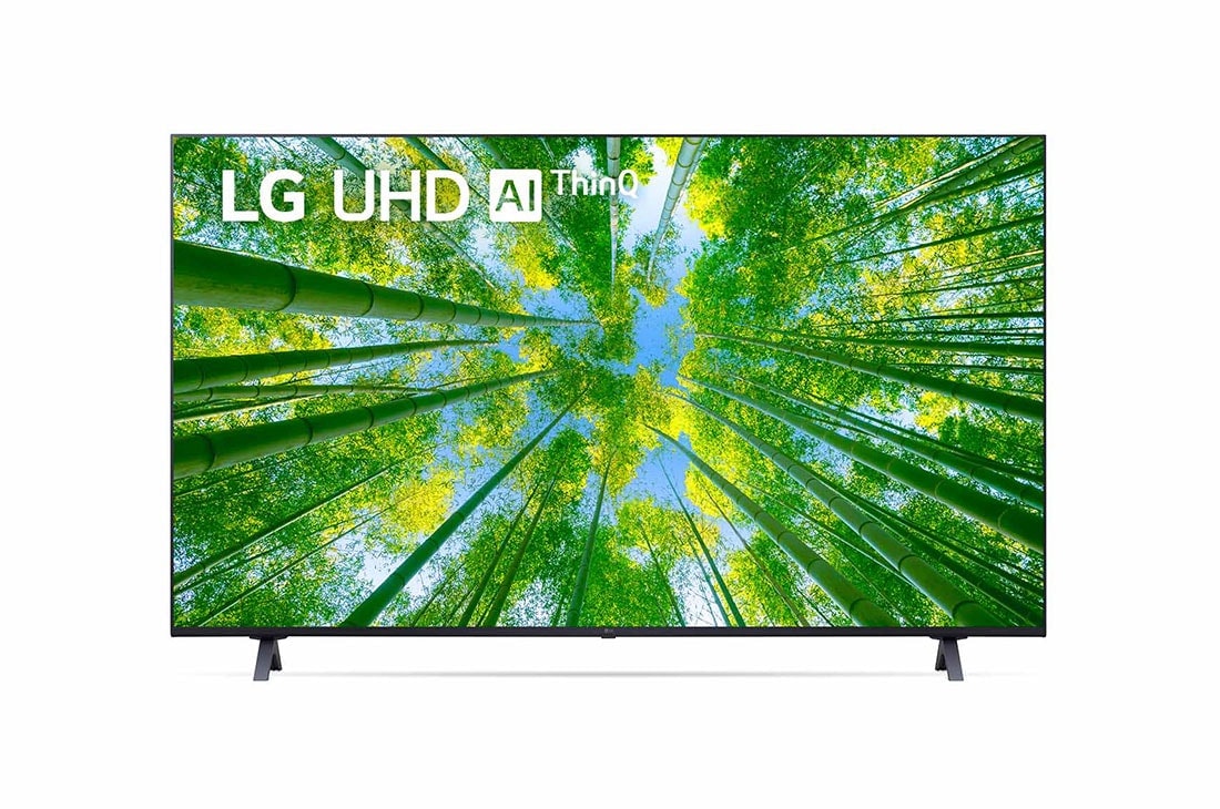 LG UHD 4K ThinQ AI 65'', Vista frontal del televisor LG Full HD con una imagen de relleno y el logotipo del producto, 65UQ8050PSB