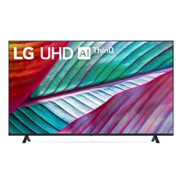 Vista frontal da TV LG UHD com imagem de preenchimento e logotipo do produto sobre si2