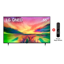 Una vista frontal del televisor LG QNED con una imagen de relleno y el logotipo del producto en2