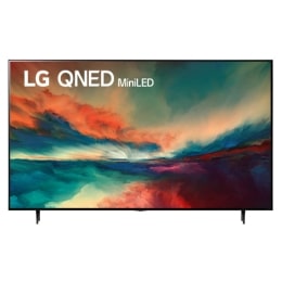 Una vista frontal del televisor LG QNED con imagen de relleno y logotipo del producto encendido2