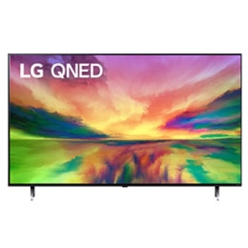 Una vista frontal del televisor LG QNED con una imagen de relleno y el logotipo del producto en1