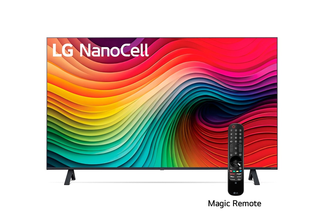 LG 55'' pulgadas LG Nano80 4K UHD AI Smart TV 2024, Front view of LG NanoCell TV, NANO80 with text of LG NanoCell, 2024, and webOS Re:New Program logo on screen, 55NANO80TSA