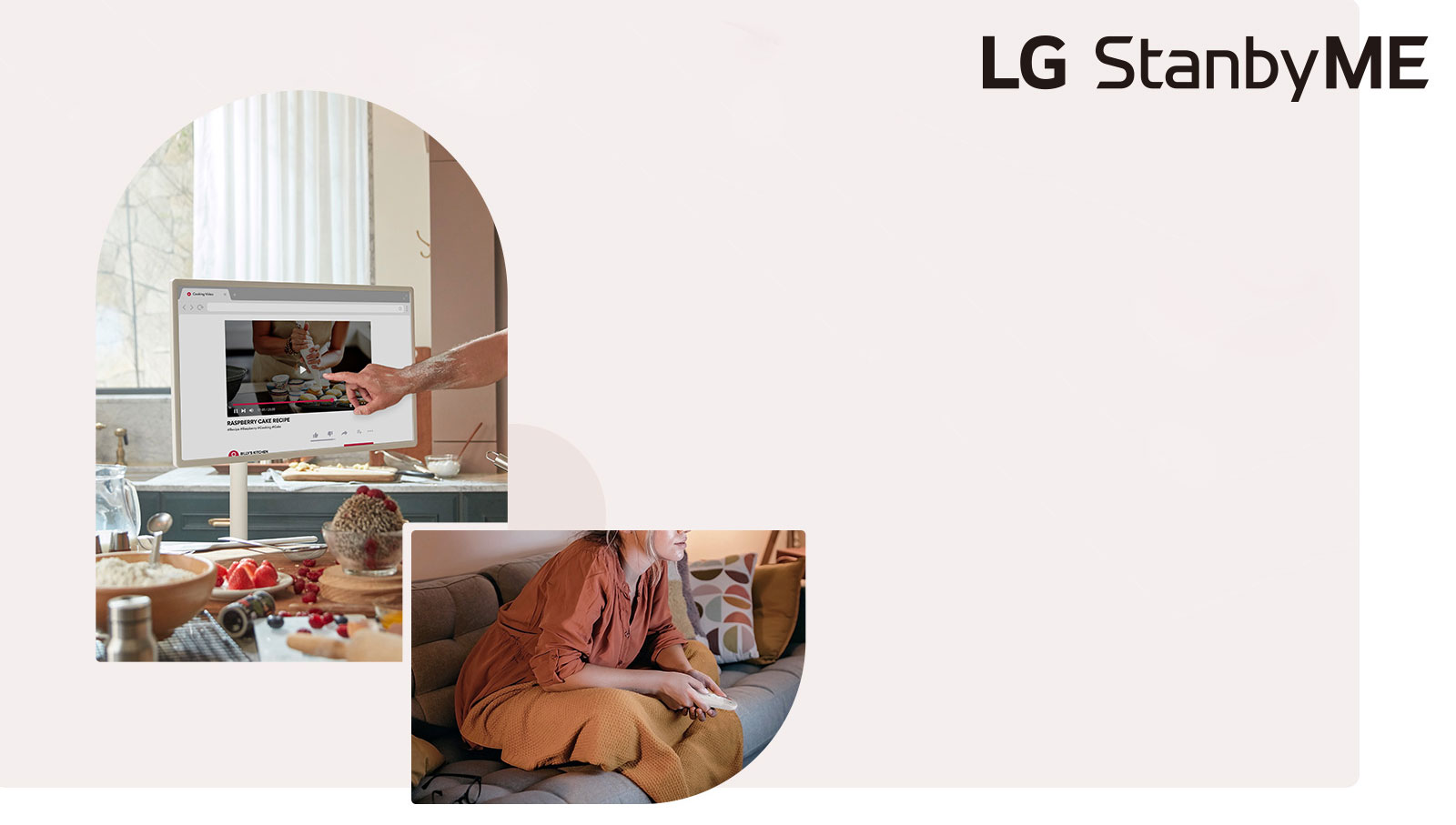 Una imagen a la izquierda muestra el primer plano de un televisor colocado en la cocina - un hombre toca la pantalla mientras cocina. Otra imagen a la derecha muestra a una mujer mirando televisión con un control remoto en sus manos.