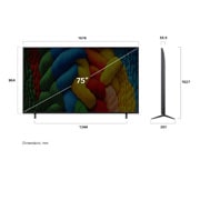 LG TV LG NanoCell AI 75'' │ UHD 4K │ Procesador Alpha 7 4K Gen8, Vista de frente y lateral de la Smart TV LG Nanocell NANO80 AI 4K en la que se ven sus dimensiones de longitud, ancho, altura y profundidad., 75NANO80ASA, thumbnail 4