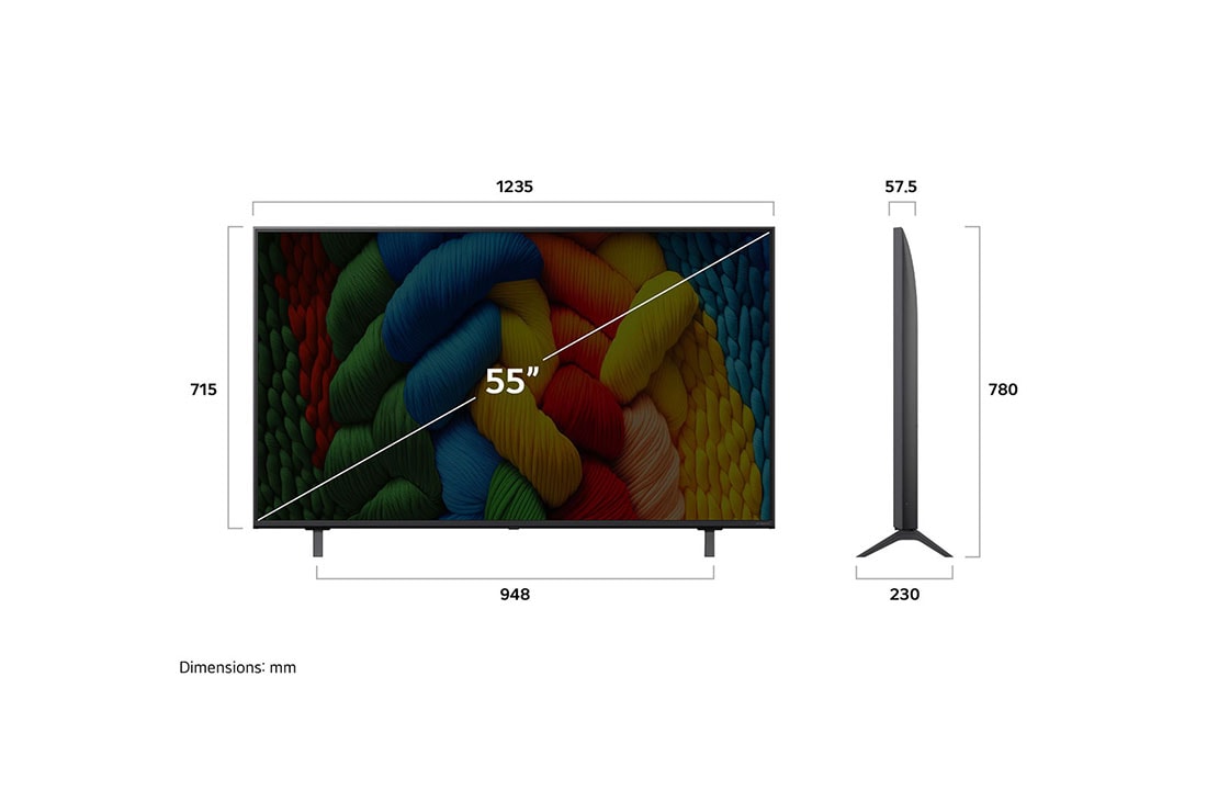 LG TV LG NanoCell AI 55'' │ UHD 4K │ Procesador Alpha 7 4K Gen8, Vista de frente y lateral de la Smart TV LG Nanocell NANO80 AI 4K en la que se ven sus dimensiones de longitud, ancho, altura y profundidad., 55NANO80ASA, thumbnail 4