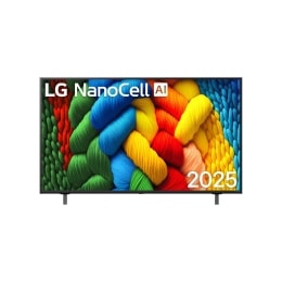 Vista de frente de la NanoCell TV, logotipo de LG NanoCell Al en la esquina superior. La LG NanoCell NANO80 TV muestra coloridas texturas como la pintura que se combinan.2