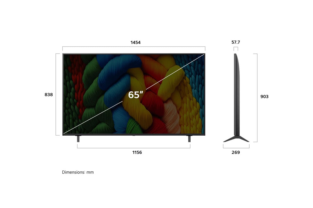 LG TV LG NanoCell AI 65'' │ UHD 4K │ Procesador Alpha 7 4K Gen8, Vista de frente y lateral de la Smart TV LG Nanocell NANO80 AI 4K en la que se ven sus dimensiones de longitud, ancho, altura y profundidad., 65NANO80ASA, thumbnail 4