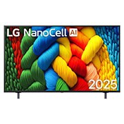 LG TV LG NanoCell AI 65'' │ UHD 4K │ Procesador Alpha 7 4K Gen8, Vista de frente de la NanoCell TV, logotipo de LG NanoCell Al en la esquina superior. La LG NanoCell NANO80 TV muestra coloridas texturas como la pintura que se combinan., 65NANO80ASA, thumbnail 1