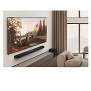LG TV LG OLED AI 65'' | Procesador Alpha 8 AI Gen2, Vista amplia de una sala de estar lujosa en tonos tierra apagados. En la pared hay una Smart TV LG OLED AI B5 4K con una obra de arte en su pantalla. Debajo hay una LG Soundbar. , OLED65B5PSA, thumbnail 14