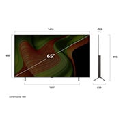 LG TV LG OLED AI 65'' | Procesador Alpha 8 AI Gen2, Vista de frente y lateral de la Smart TV LG OLED AI B5 4K en la que se ven sus dimensiones de longitud, ancho, altura y profundidad., OLED65B5PSA, thumbnail 4
