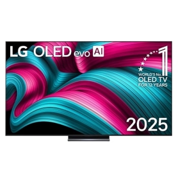 Vista de frente de la Smart TV LG OLED evo AI C5 4K. El emblema “OLED, número&nbsp;1 del mundo durante 12&nbsp;años” y el logotipo de LG OLED evo AI&nbsp;2025 aparecen en la pantalla.1