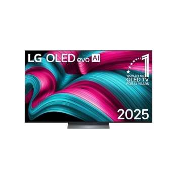 Vista de frente de la Smart TV LG OLED evo AI C5 4K. El emblema “OLED, número&nbsp;1 del mundo durante 12&nbsp;años” y el logotipo de LG OLED evo AI&nbsp;2025 aparecen en la pantalla.1
