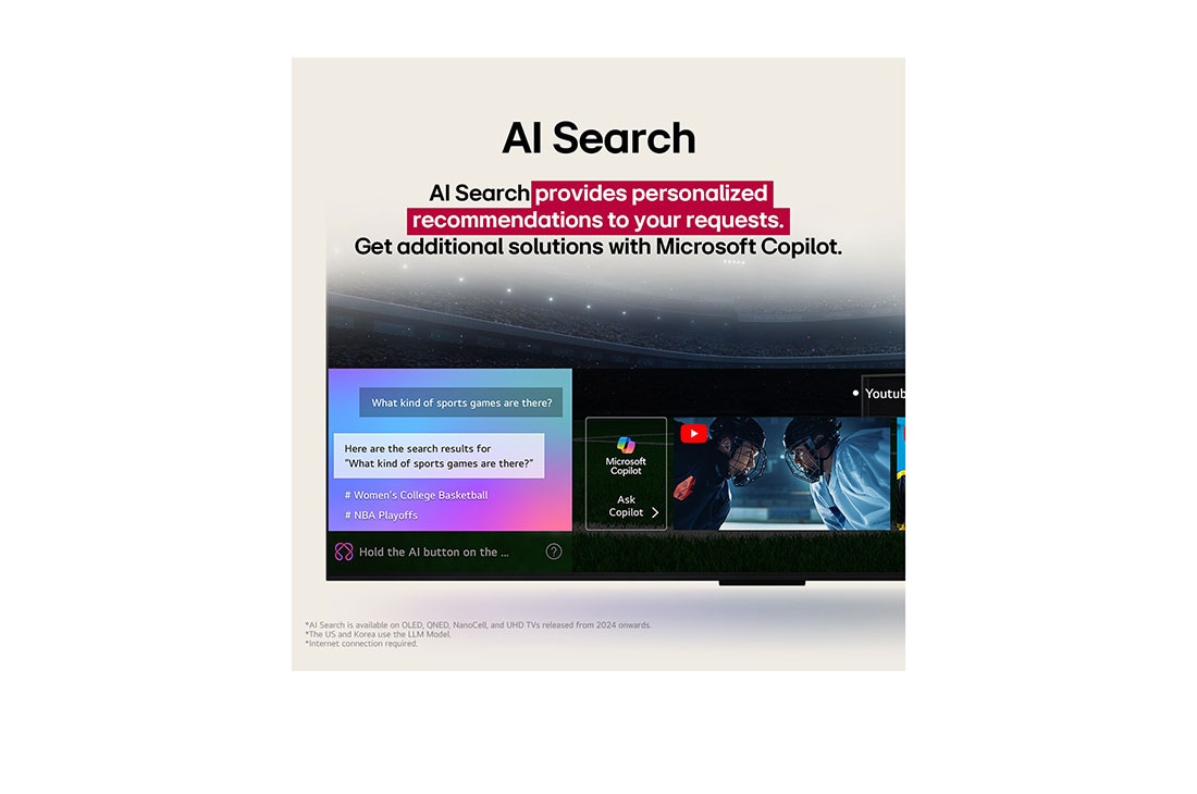 LG TV LG QNED AI 65'' | UHD 4K | Procesador Alpha 7 Gen8, Close-up of an LG TV screen showing how AI Search works. A small chat window is open showing how the user asked for what sports games are available. AI search responded via chat and by showing thumbna, 65QNED82ASG, thumbnail 12