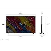 LG TV LG QNED AI 65'' | UHD 4K | Procesador Alpha 7 Gen8, Front view and side view of LG QNED82 AI 4K Smart TV showing its length, width, height, and depth dimensions., 65QNED82ASG, thumbnail 4
