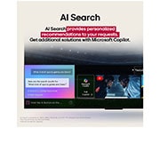 LG TV LG OLED AI 77'' | Procesador Alpha 11 AI Gen 2, LG TV screen with an AI Magic Remote on the foreground. The AI button is highlighted and a speech bubble shows text, suggest a movie I like. On the screen we see the user icon E, indicating how AI Voi, OLED77G5PSA, thumbnail 10