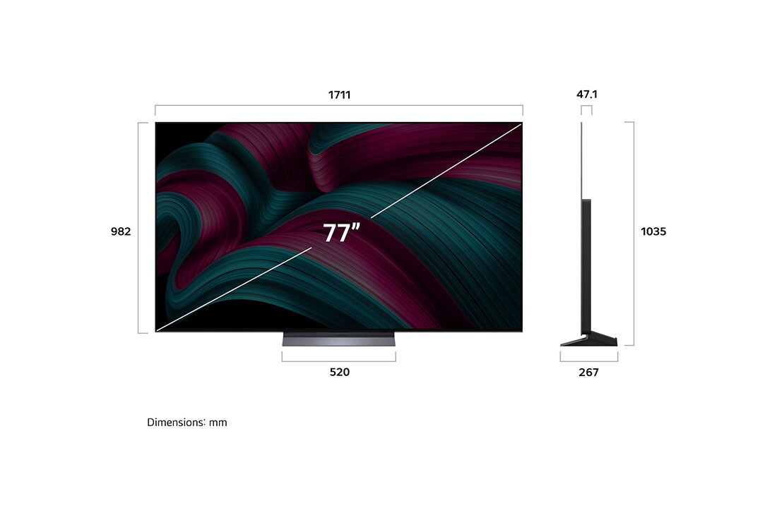 LG TV LG OLED AI 77'' | Procesador Alpha 9 AI Gen8, Vista de frente y lateral de la Smart TV LG OLED evo AI C5 4K en la que se ven sus dimensiones de longitud, ancho, altura y profundidad., OLED77C5PSA, thumbnail 4