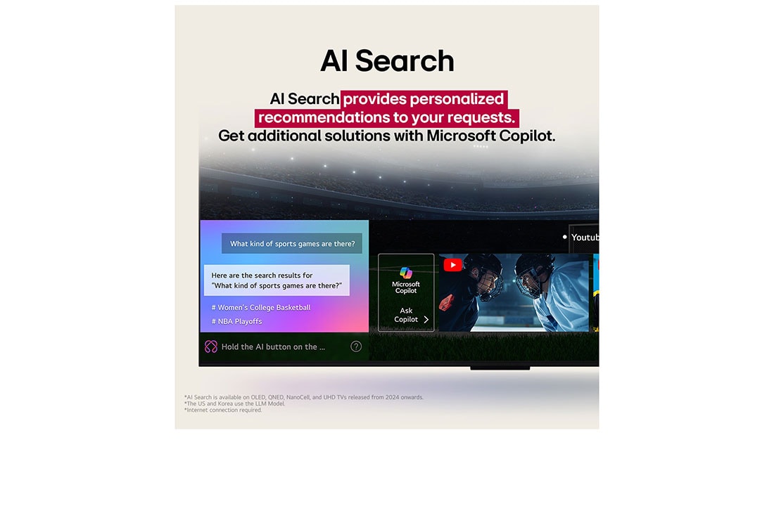 LG TV LG OLED AI 65'' | Procesador Alpha 11 AI Gen 2, LG AI Magic Remote with the AI button highlighted. Around it are the different functionalities that a user can access from the button. AI Voice ID, AI Search, AI Chatbot, AI Concierge, AI Picture Wiza, OLED65G5PSA, thumbnail 11