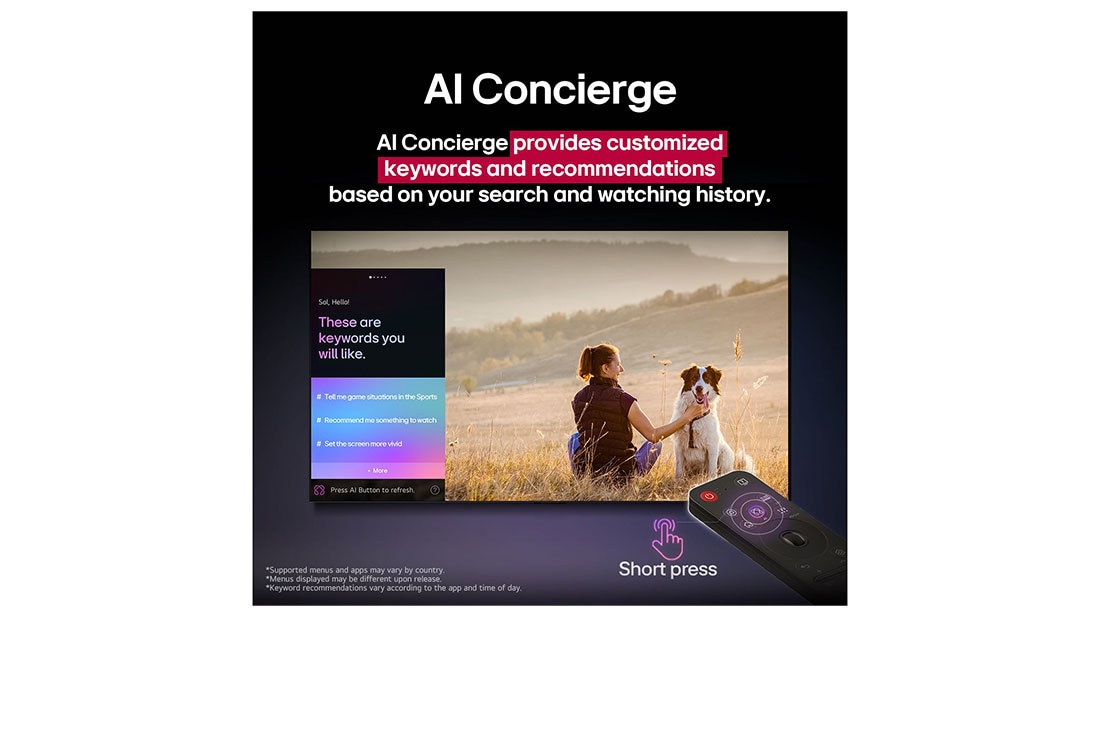 LG TV LG OLED AI 65'' | Procesador Alpha 11 AI Gen 2, Close-up of an LG OLED TV screen showing how AI Search works. A small chat window is open showing how the user asked for what sports games are available. AI search responded via chat and by showing th, OLED65G5PSA, thumbnail 12