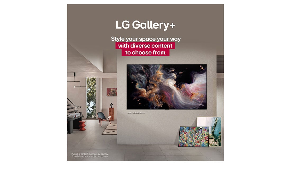 LG TV LG OLED AI 65'' | Procesador Alpha 11 AI Gen 2, Interior de un hogar sofisticado. Se exhiben muchas obras de arte diferentes. En la pared central hay una LG TV con obras de arte en la pantalla. La TV parare un cuadro de museo., OLED65G5PSA, thumbnail 14