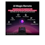 LG TV LG OLED AI 65'' | Procesador Alpha 11 AI Gen 2, LG TV screen with an AI Magic Remote on the foreground. The AI button is highlighted and a spearh bubble shows text, suggest a movie I like. On the screen we see the user icon E, indicating how AI Voi, OLED65G5PSA, thumbnail 10