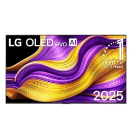 Front view of LG OLED evo AI G5 4K Smart TV. 12 Years of world number 1 OLED emblem and LG OLED evo AI 2025 logo are on the screen.