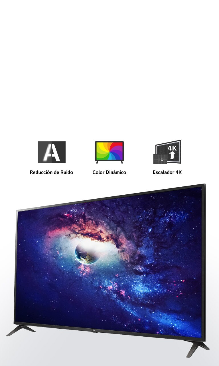 Íconos de reducción de ruido, color dinámico y aumento de escala y una pantalla de TV que muestra una vista panorámica de montañas, bosques y un lago.