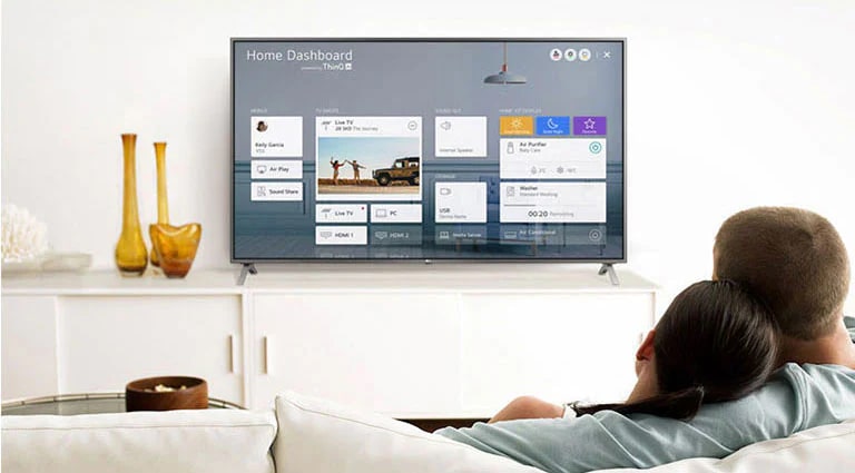 Un hombre y una mujer sentados en un sofá en la sala de estar con el Panel para el hogar en la pantalla del televisor.