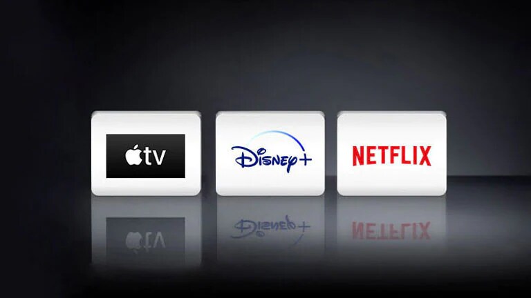 3 logotipos: La aplicación Apple TV, Disney+ y Netflix