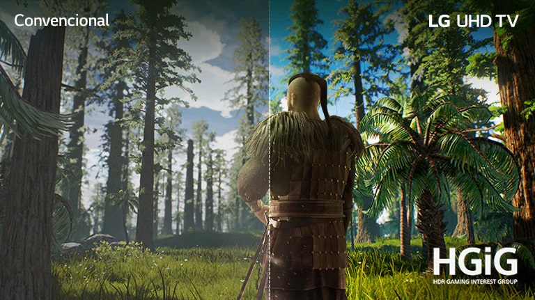 Pantalla de TV que muestra la escena de un juego con un hombre parado en medio de un bosque. La mitad se muestra en una pantalla convencional con baja calidad de imagen. La otra mitad se muestra en la pantalla del TV LG UHD con una calidad de imagen nítida y vívida.