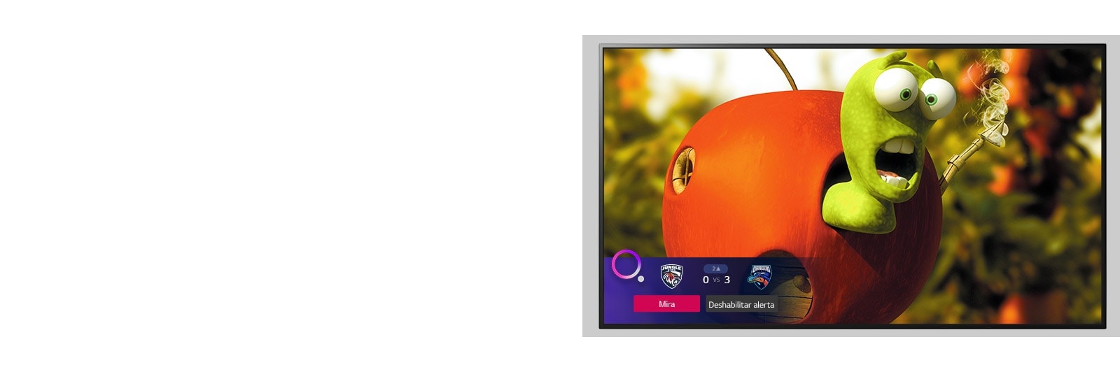 TV que muestra un personaje de dibujos animados y una Sports Alert en la parte inferior de la pantalla.
