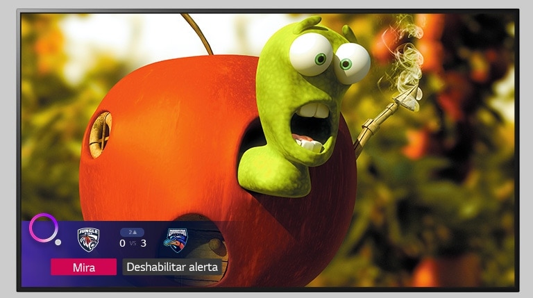 TV que muestra un personaje de dibujos animados y una Sports Alert en la parte inferior de la pantalla.