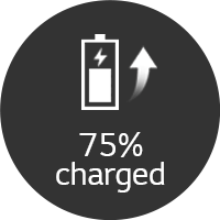 Ein Symbol mit einer Batterie und einem Text '75% geladen'.