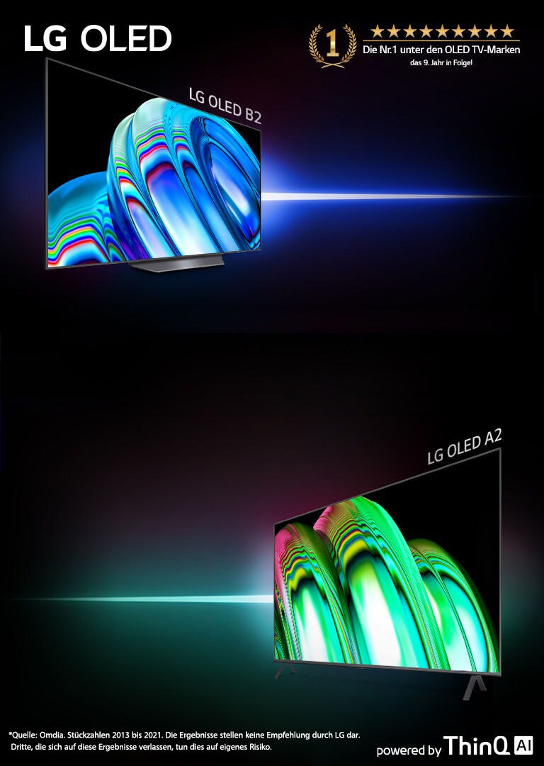 LG OLED B2 und LG OLED A2 stehen vor einem schwarzen Hintergrund. Der LG OLED B2 neigt sich nach links und zeigt ein blaues, abstraktes Bild an. Der LG OLED A2 neigt sich nach rechts und zeigt ein grünes, abstraktes Bild an.			
