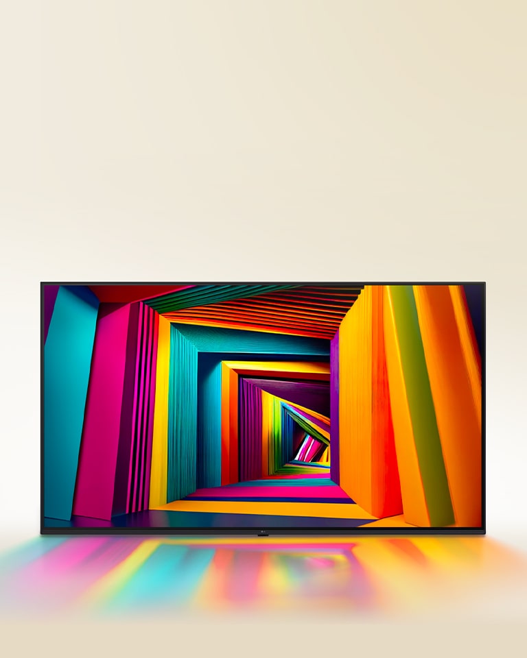 Ein farbenfroher, quadratischer Tunnel, der nach hinten hin immer schmaler wird, dargestellt auf einem LG Fernseher.	