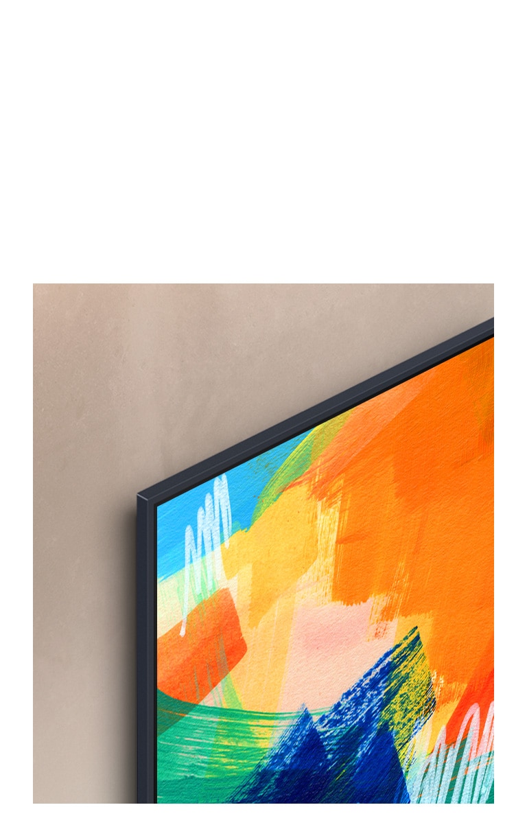 Die obere linke Ecke eines LG Fernsehers, auf der ein mehrfarbiges Kunstwerk zu sehen ist. Der Fernseher ist mit kaum sichtbarem Abstand an der Wand montiert.