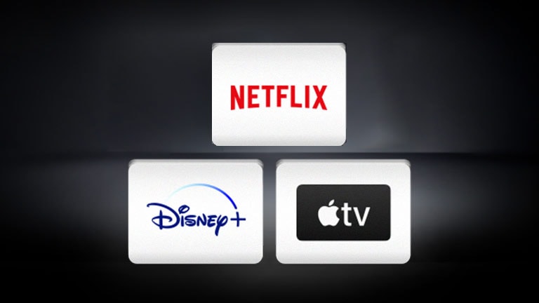 I loghi di LG Channels, Netflix, Disney + e Apple TV sono disposti orizzontalmente su uno sfondo nero.