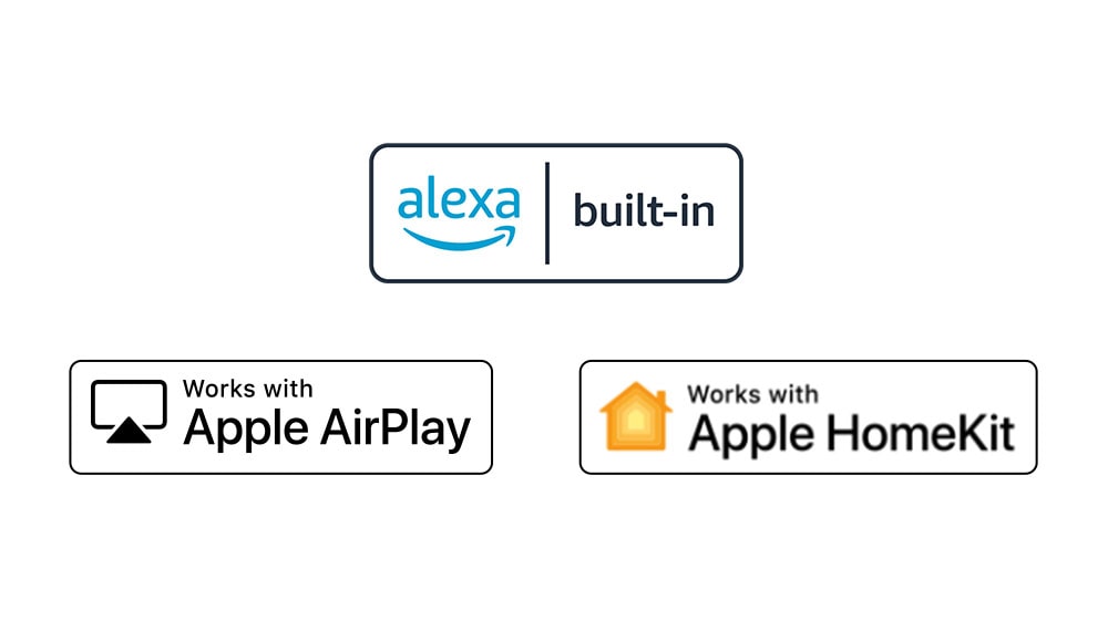 Drei Logos werden in der folgenden Reihenfolge angezeigt: alexa built-in, Works with Apple AirPlay, Works with Apple HomeKit. 