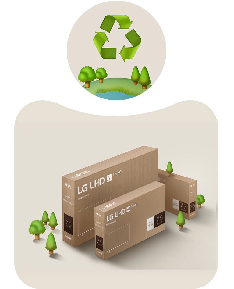 LG QNED Verpackung vor einem beigen Hintergrund mit illustrierten Bäumen. 