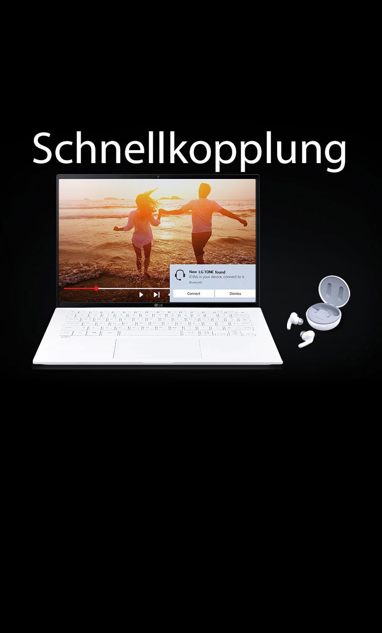 Abbildung eines Laptops und der TONE-Free-Ohrhörer unter dem Schriftzug „Schnellkopplung“, wobei die Kopplungsbenachrichtigung auf dem Laptop-Bildschirm angezeigt wird.