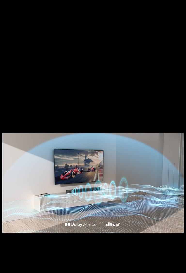 Ein wandmontierter Fernseher und die Soundbar hängen an der Wand mit Blick auf die rechte Seite des Bildes. Von der Soundbar kommen unterschiedlich geformte blaue Schallwellen. Eine kuppelförmige blaue Schallwelle deckt die beiden vollständig ab.