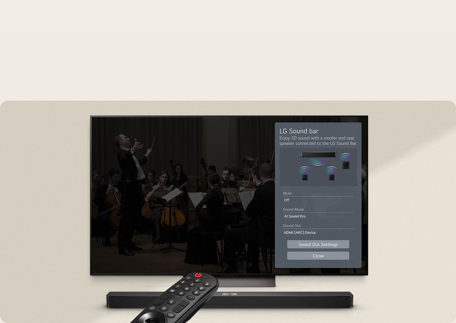 Die LG-Fernbedienung zeigt auf einen LG TV mit einer LG Soundbar darunter. Auf dem Bildschirm des LG TVs wird das Menü der WOW-Oberfläche angezeigt.