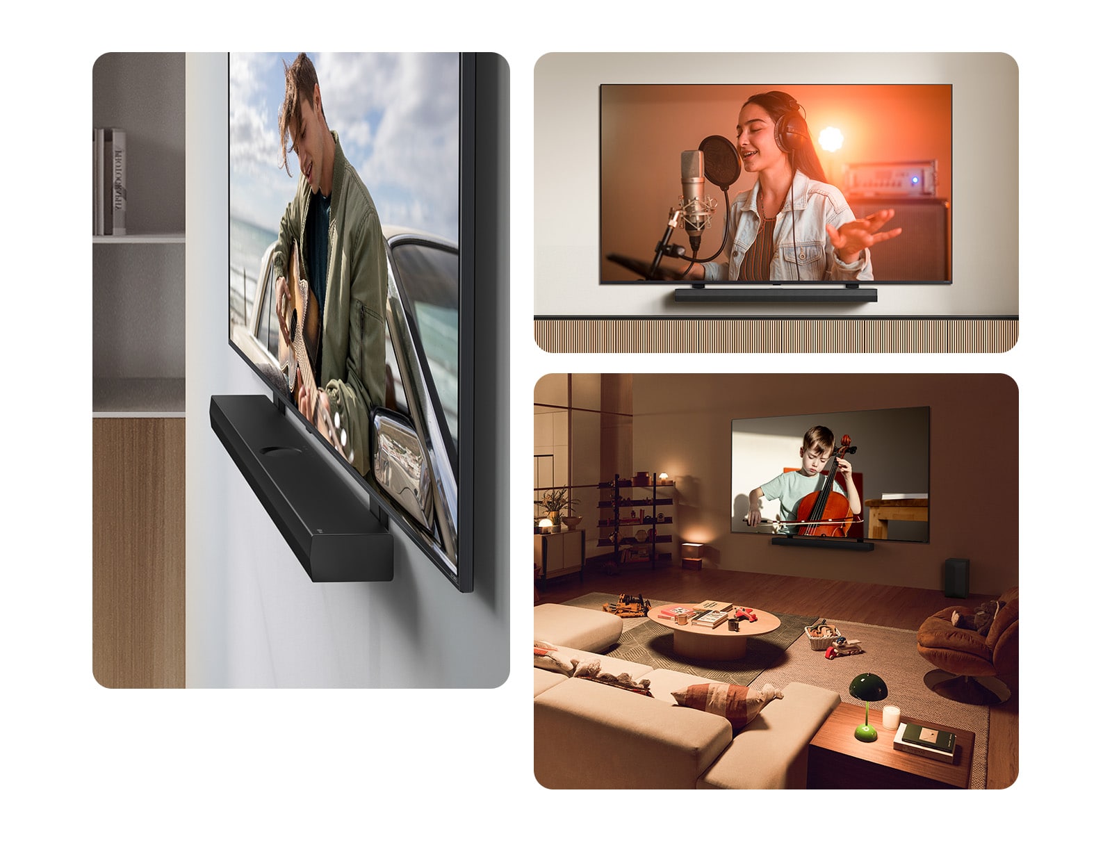 Die LG Soundbar und der LG QNED Fernseher an der Wand mit der passenden QNED-Halterung in einem grauen und hölzernen Wohnraum in schräger Perspektive, wobei auf dem LG QNED Fernseher ein Gitarre spielender Mann zu sehen ist.  LG Soundbar und LG QNED Fernseher vor einer cremefarbenen Wand mit der passenden QNED-Fernsehhalterung. Der Fernseher zeigt ein Video, in dem eine Frau in einem Aufnahmestudio singt. Unter dem Fernseher befindet sich ein moderner geometrischer Holzständer.   LG Soundbar und LG QNED Fernseher an einer Wand mit der passenden QNED-Fernsehhalterung in einem gemütlichen und schwach beleuchteten Wohnraum mit Kinderspielzeug. Auf dem Fernseher läuft ein Video, in dem ein kleiner Junge Cello spielt. 