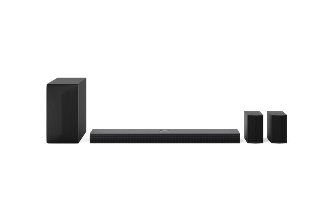 LG 5.1.1 Dolby Atmos Soundbar DS77TY mit 500 Watt, Frontansicht der LG Soundbar S75TR, Subwoofer und hintere Lautsprecher, DS70TR