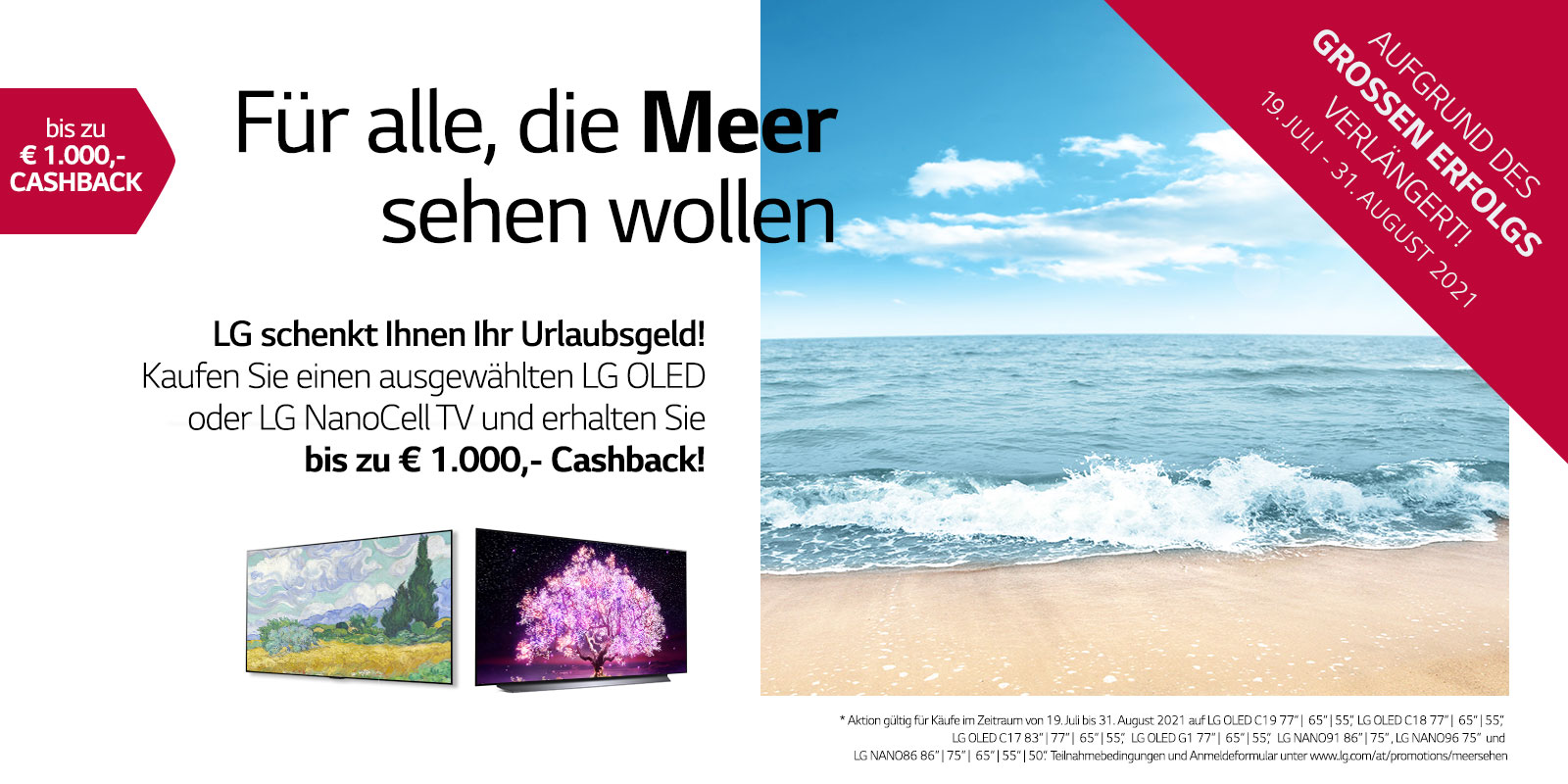 LG schenkt Ihnen Ihr Urlaubsgeld. Jetzt bis zu € 1.000 Cashback sichern!