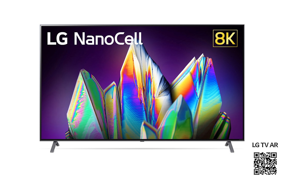 LG 75” LG 8K NanoCell TV, front view with infill image and logo, 75NANO999NA