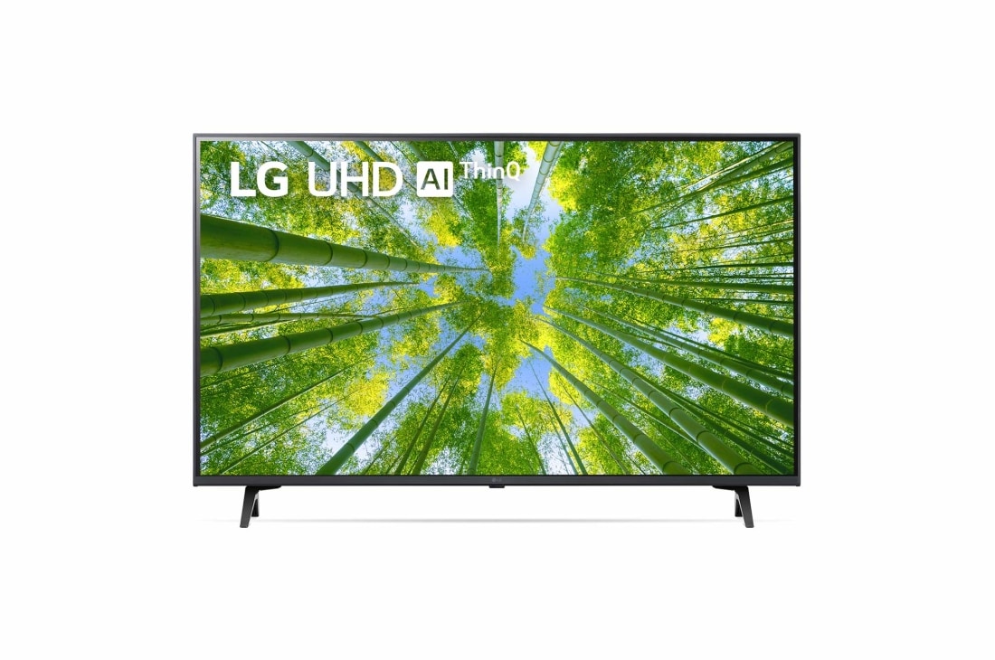 LG 43'' LG UHD TV | 43UQ80009LB,  Vorderansicht des LG UHD TV mit eingefügtem Bild und Produktlogo, 43UQ80009LB
