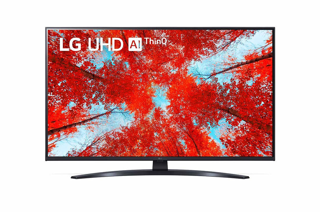 LG 43'' LG UHD TV | 43UQ91009LA, Vorderansicht des LG UHD TV mit eingefügtem Bild und Produktlogo, 43UQ91009LA